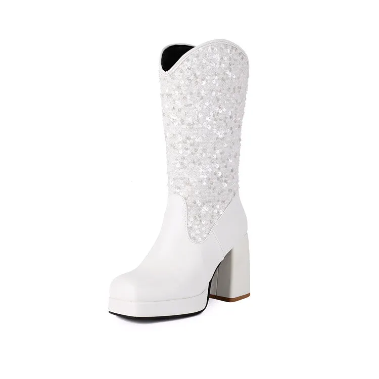 Women's Sequins Square Toe Platform Block Heel Mid-Calf Western Boots