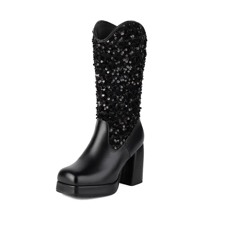 Women's Sequins Square Toe Platform Block Heel Mid-Calf Western Boots