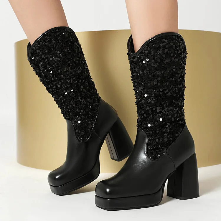 Women's Sequins Square Toe Platform Block Heel Mid-Calf Western Boots