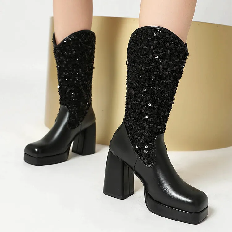 Women's Sequins Square Toe Platform Block Heel Mid-Calf Western Boots