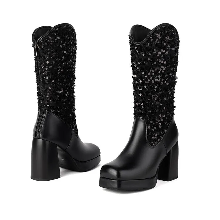 Women's Sequins Square Toe Platform Block Heel Mid-Calf Western Boots