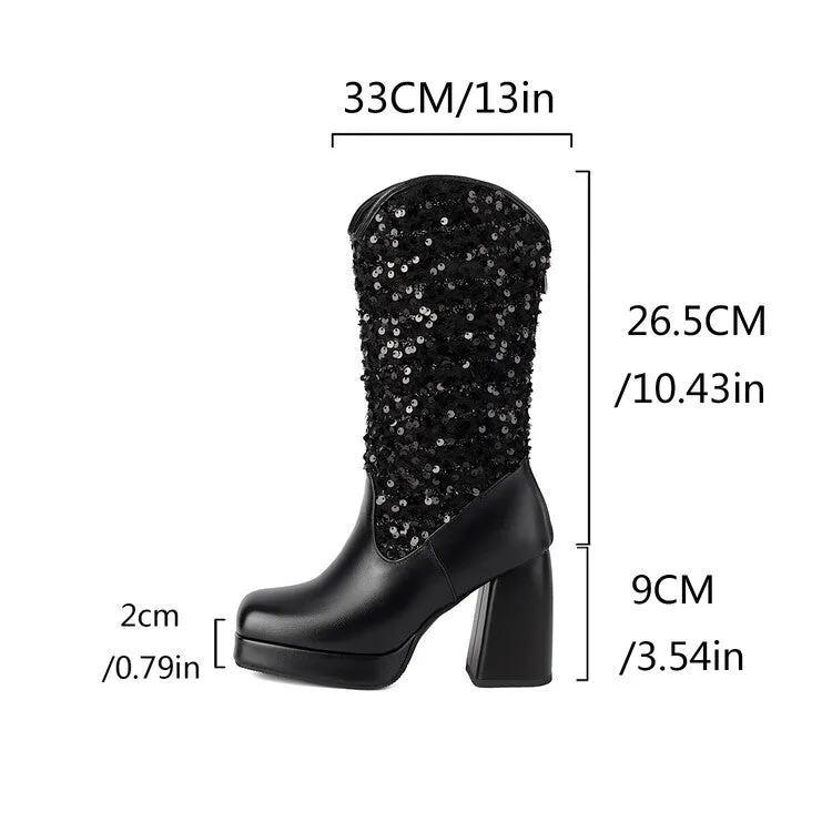 Women's Sequins Square Toe Platform Block Heel Mid-Calf Western Boots