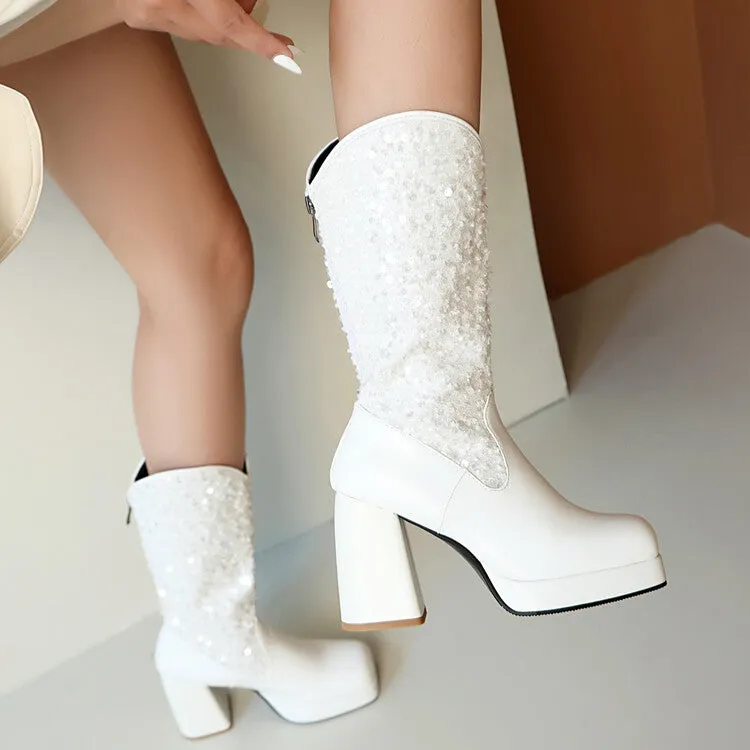 Women's Sequins Square Toe Platform Block Heel Mid-Calf Western Boots