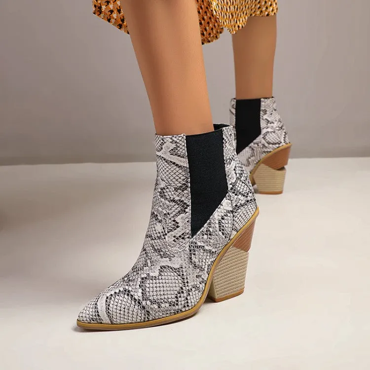 Women's Snake Crocodile Pattern Pointed Toe Elastic Band Block Heel Short Boots