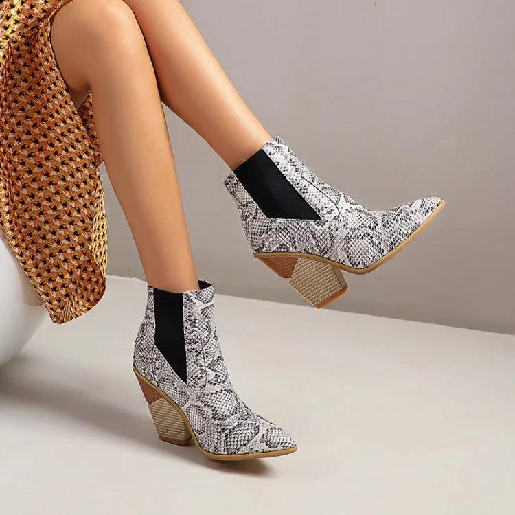 Women's Snake Crocodile Pattern Pointed Toe Elastic Band Block Heel Short Boots