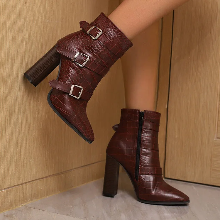 Women's Snake Pattern Buckle Strap Pointed Toe Square Heel Short Boots