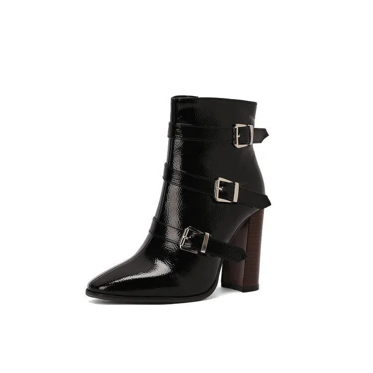 Women's Snake Pattern Buckle Strap Pointed Toe Square Heel Short Boots