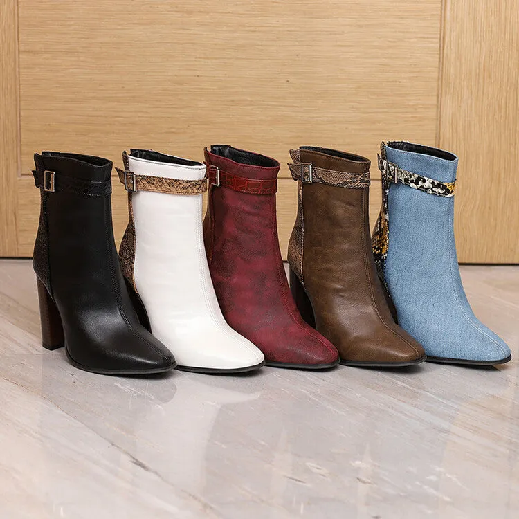 Women's Snake Pattern Pointed Toe Buckle Heel Short Boots