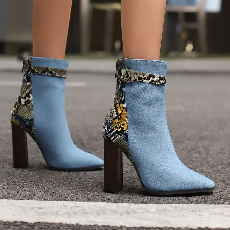 Women's Snake Pattern Pointed Toe Buckle Heel Short Boots