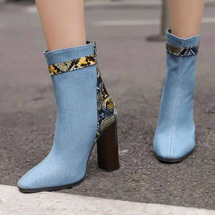 Women's Snake Pattern Pointed Toe Buckle Heel Short Boots