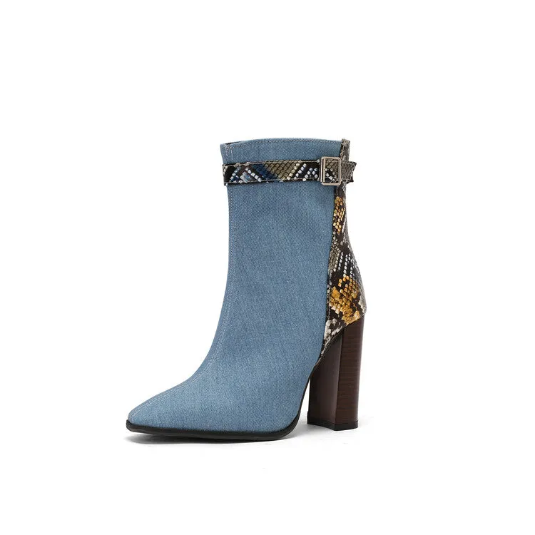 Women's Snake Pattern Pointed Toe Buckle Heel Short Boots