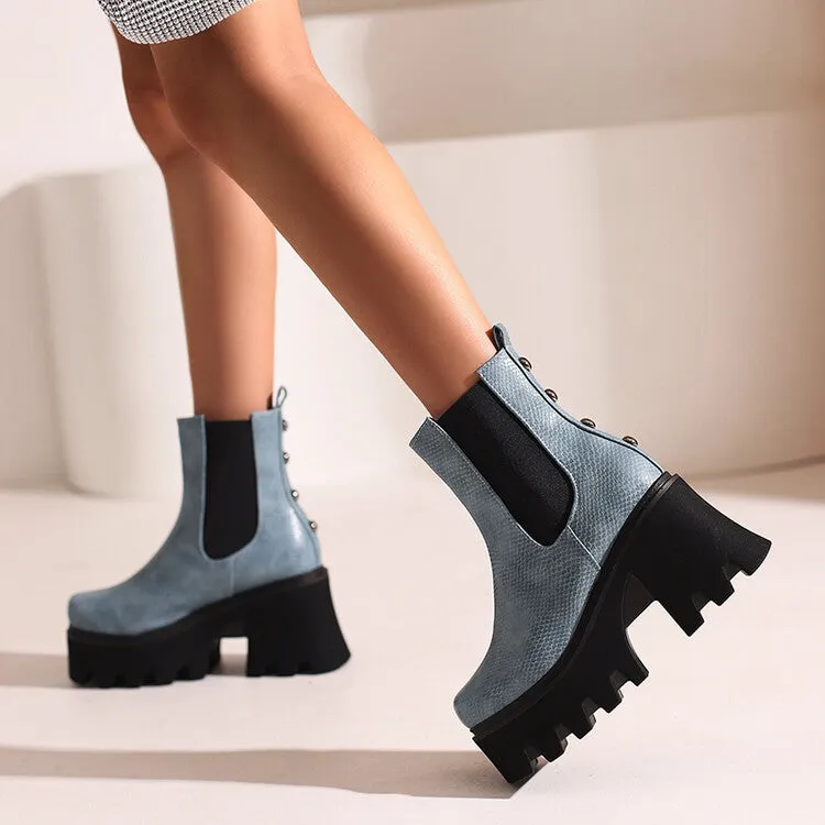 Women's Snake Printed Elastic Band Block Heel Platform Short Boots