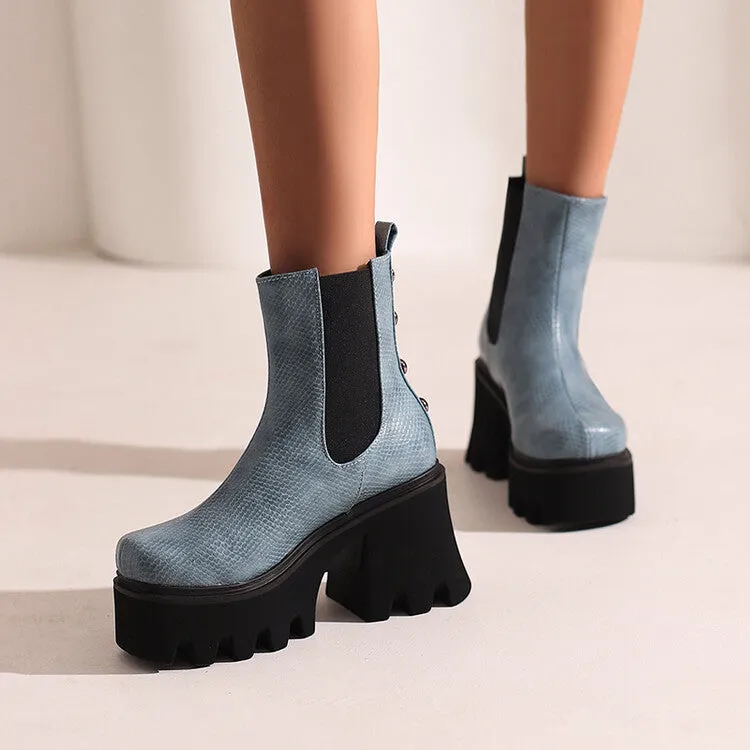 Women's Snake Printed Elastic Band Block Heel Platform Short Boots