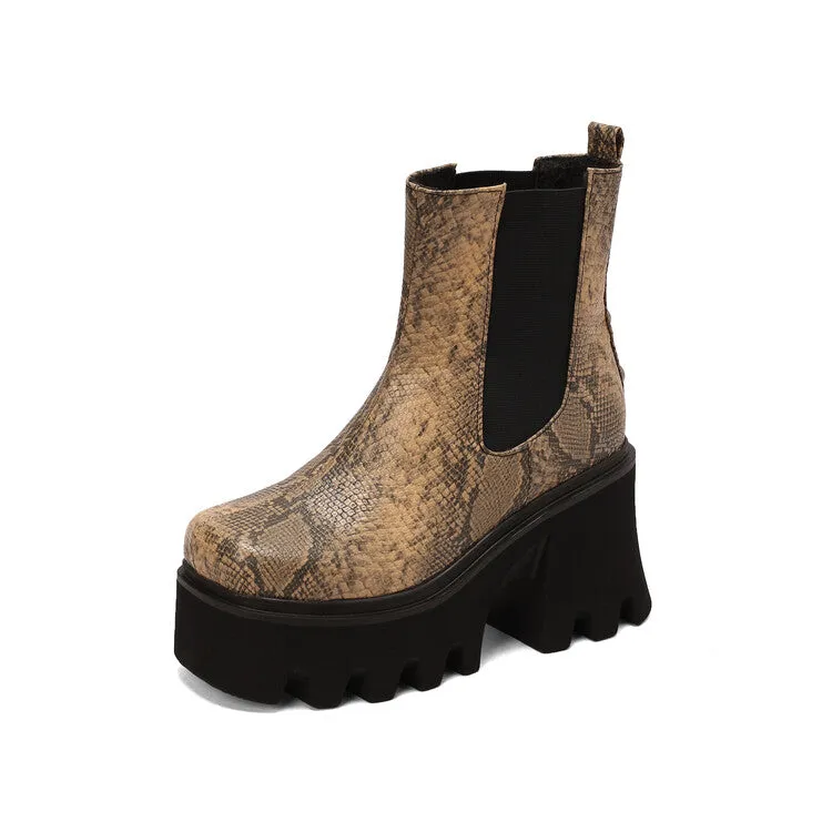 Women's Snake Printed Elastic Band Block Heel Platform Short Boots