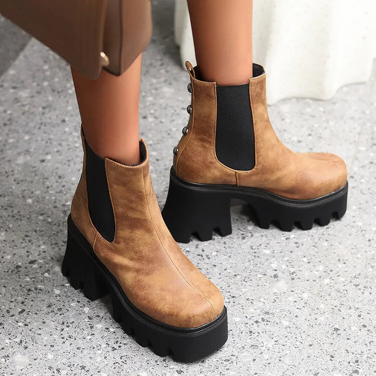 Women's Snake Printed Elastic Band Block Heel Platform Short Boots