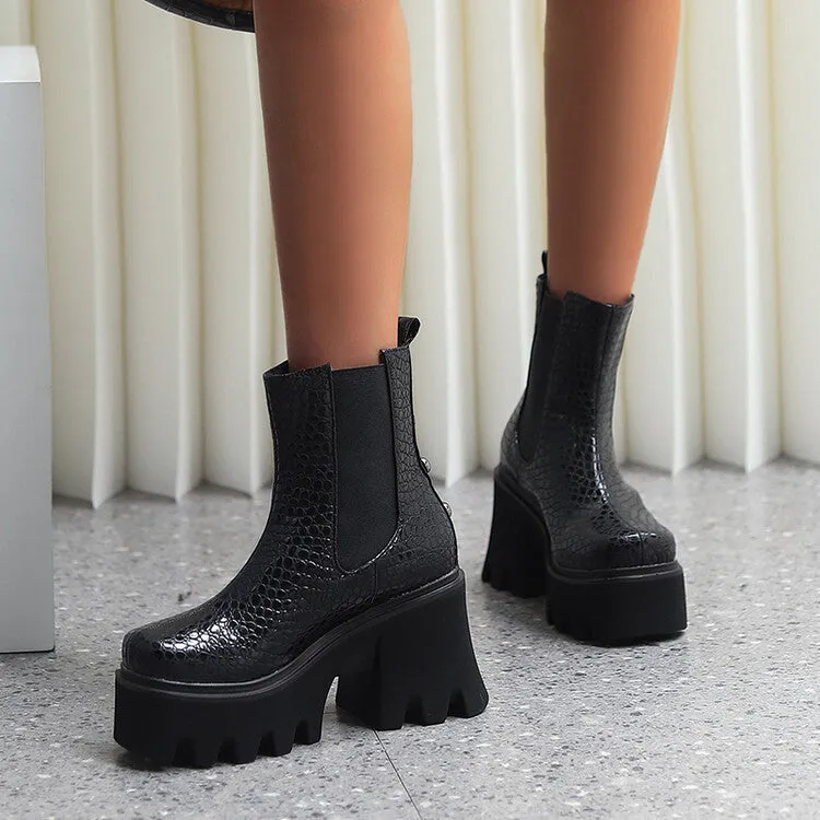 Women's Snake Printed Elastic Band Block Heel Platform Short Boots