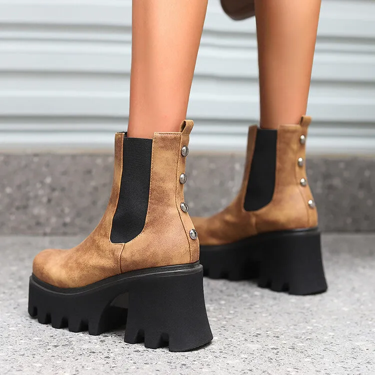 Women's Snake Printed Elastic Band Block Heel Platform Short Boots