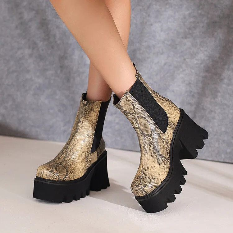 Women's Snake Printed Elastic Band Block Heel Platform Short Boots