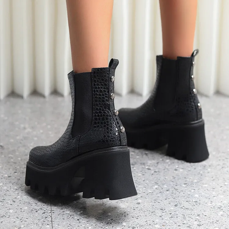 Women's Snake Printed Elastic Band Block Heel Platform Short Boots