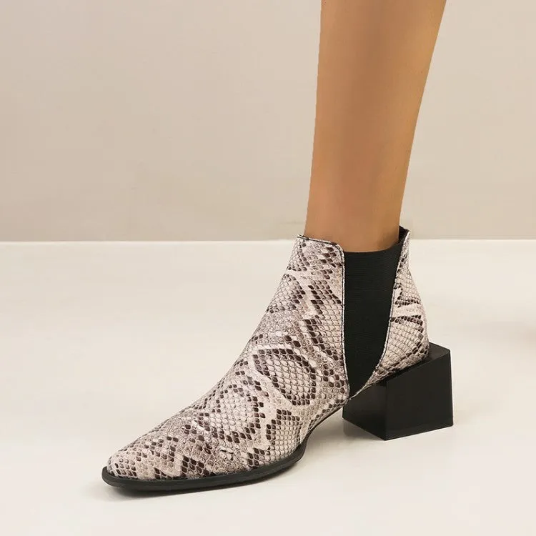 Women's Snake Printed Elastic Band Block Heel Short Boots