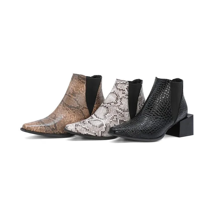 Women's Snake Printed Elastic Band Block Heel Short Boots