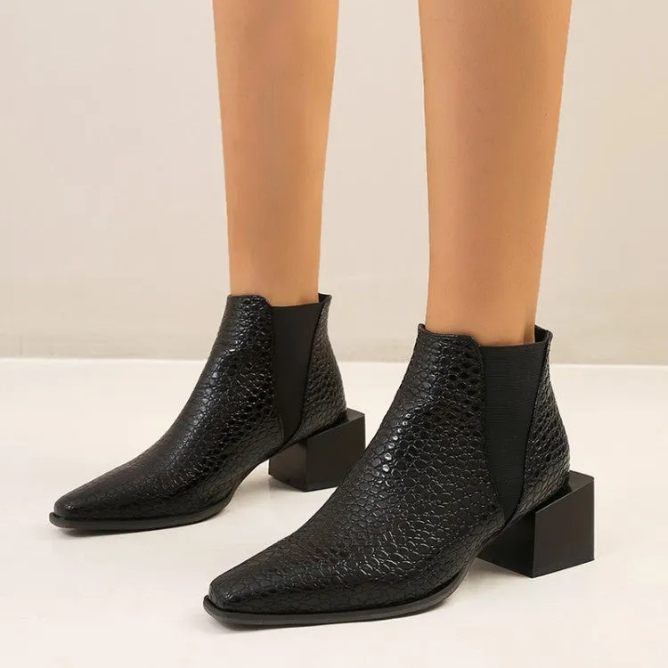 Women's Snake Printed Elastic Band Block Heel Short Boots