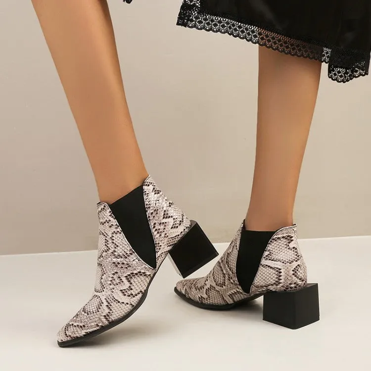 Women's Snake Printed Elastic Band Block Heel Short Boots