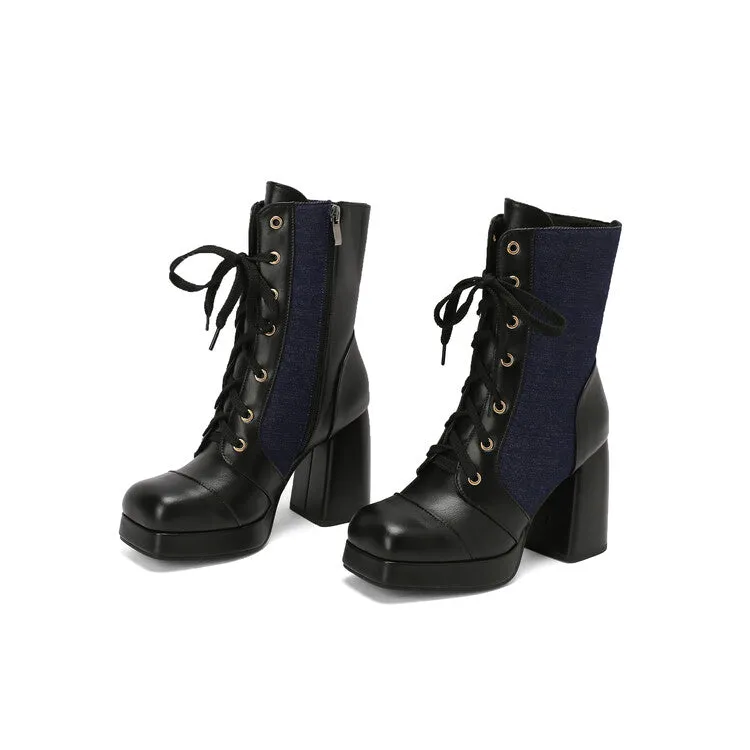 Women's Square Toe Lace-up High Heel Mid-Calf Boots