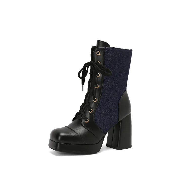 Women's Square Toe Lace-up High Heel Mid-Calf Boots