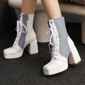 Women's Square Toe Lace-up High Heel Mid-Calf Boots