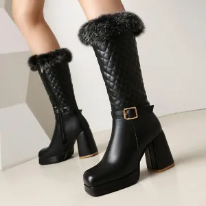 Women's Square Toe Platform High Heel Fur Mid-Calf Boots