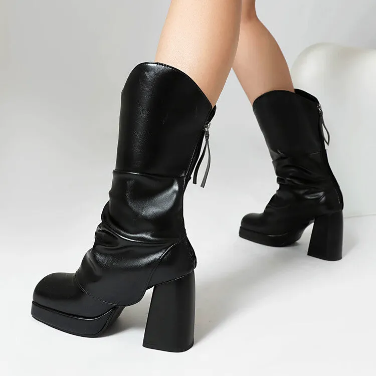 Women's Square Toe Platform High Heel Mid-Calf Western Boots