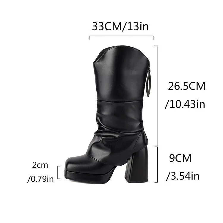 Women's Square Toe Platform High Heel Mid-Calf Western Boots