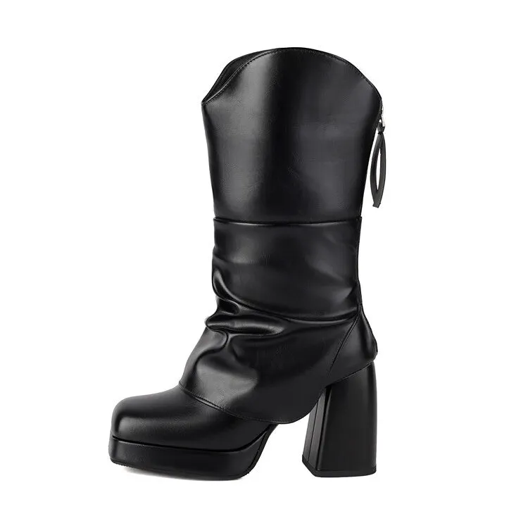 Women's Square Toe Platform High Heel Mid-Calf Western Boots