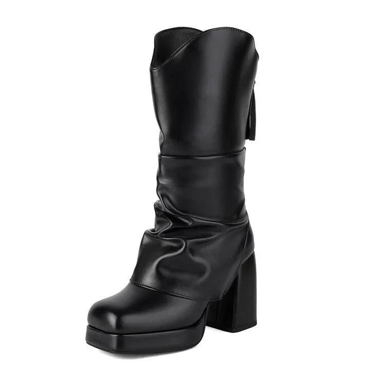 Women's Square Toe Platform High Heel Mid-Calf Western Boots