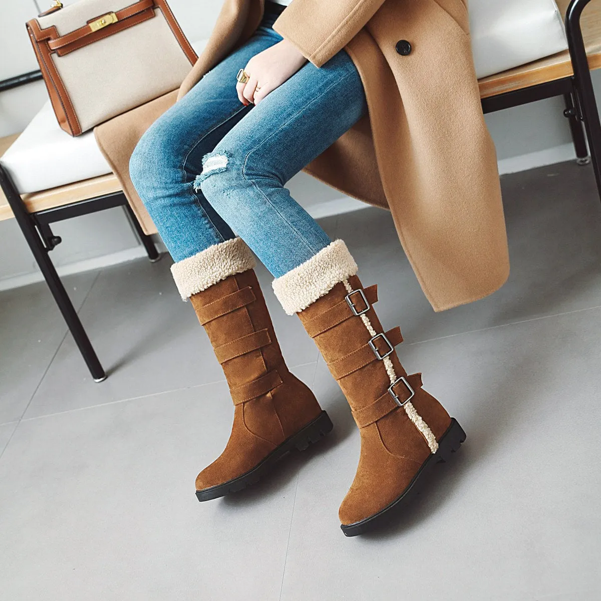 Women's warm plush lined knee high snow boots