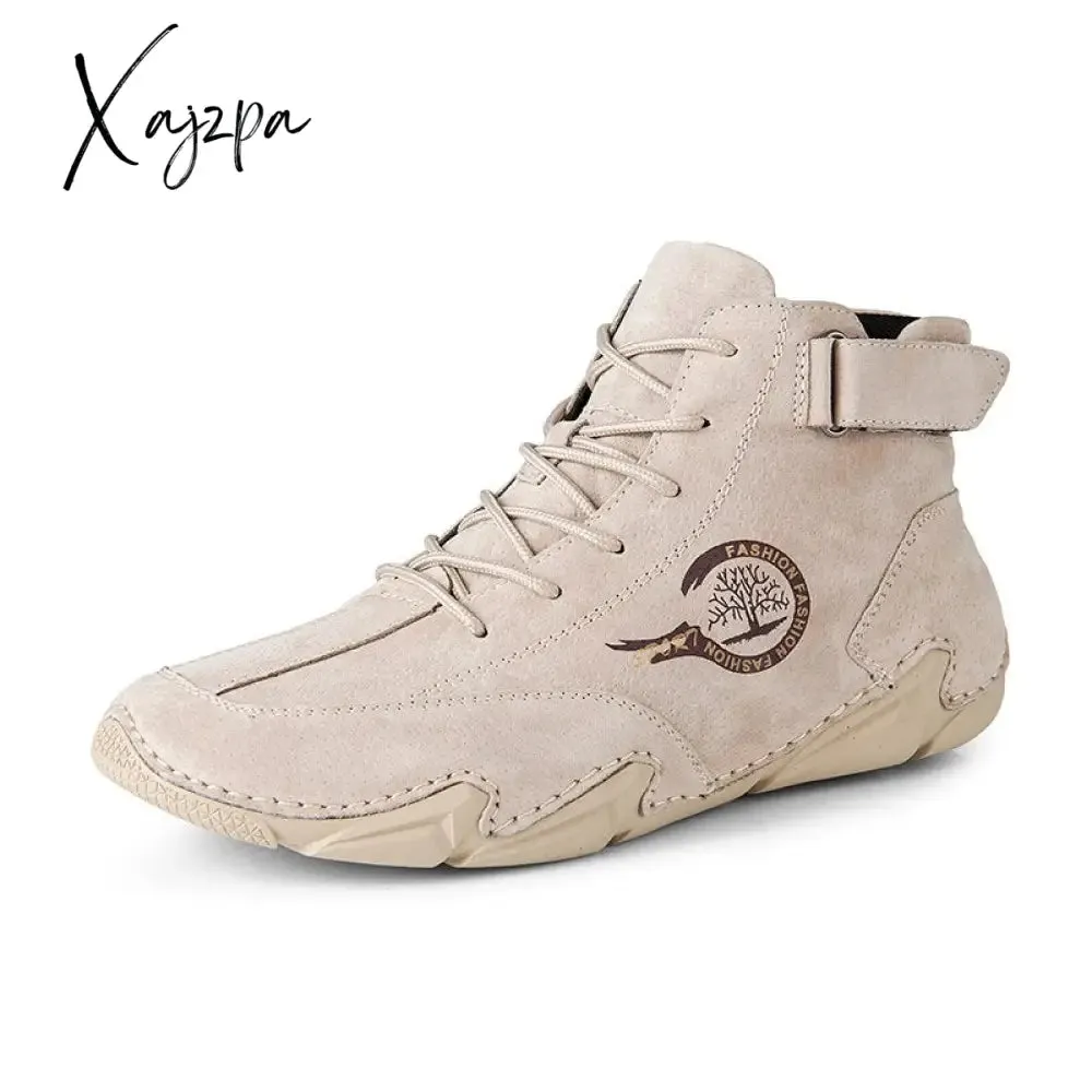 Xajzpa - New In Winter Men Boots Leather with Fur Plush Ankle Boots Men Snow Boots Keep Warm Western Motorcycle Casual Luxury Sneakers