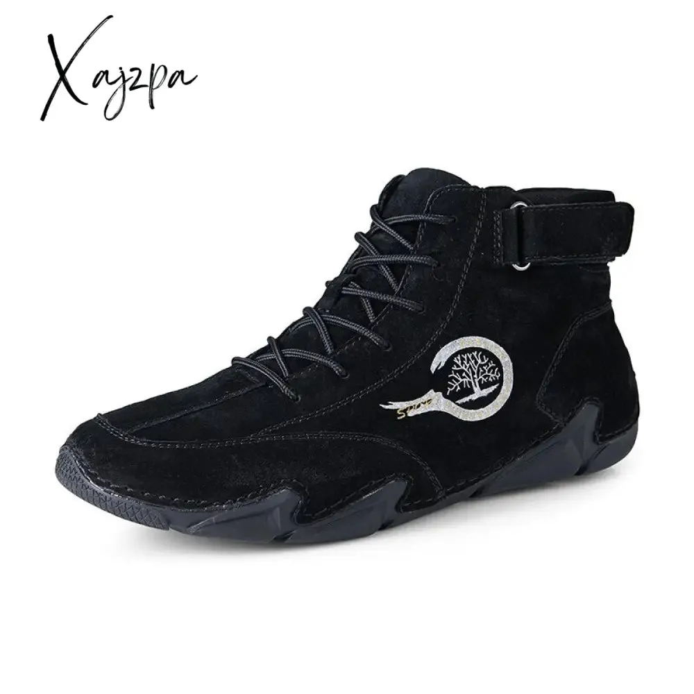 Xajzpa - New In Winter Men Boots Leather with Fur Plush Ankle Boots Men Snow Boots Keep Warm Western Motorcycle Casual Luxury Sneakers