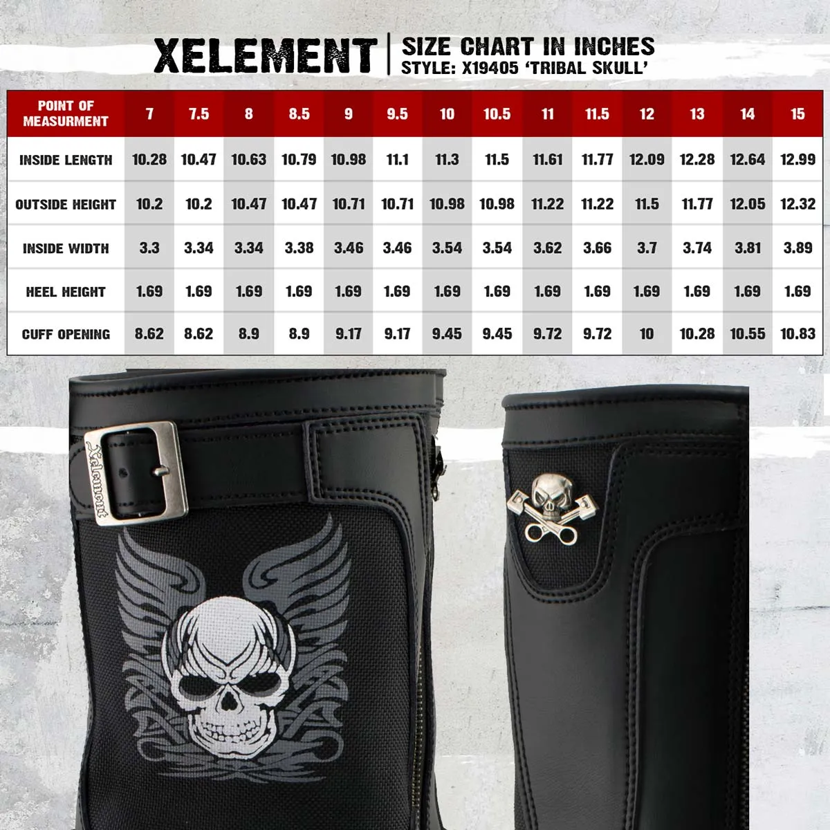 Xelement X19405 Men's Black Tribal Skull Leather Motorcycle Boots with Poron Cushion Insoles